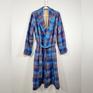 L.L. Bean Robe Blue Plaid Sleepwear Brown Sherpa Lining Flannel Drawstring Men S